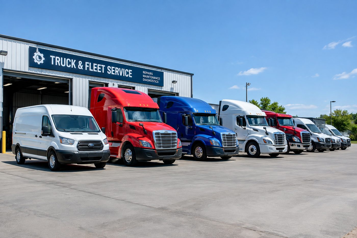 Commercial vans and trucks lined up outside a fleet service garage.