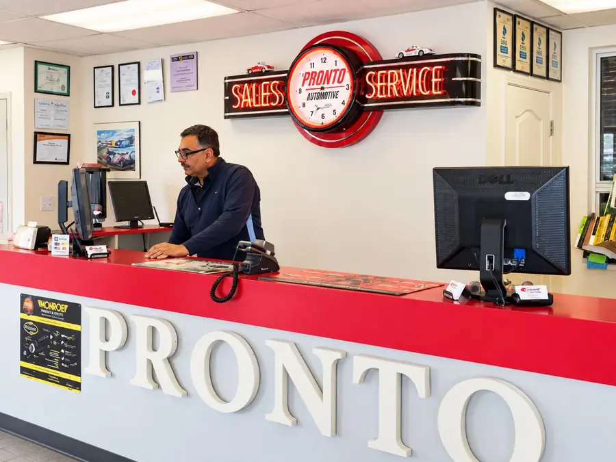 The Pronto Automotive front counter and service desk, where customers are greeted.