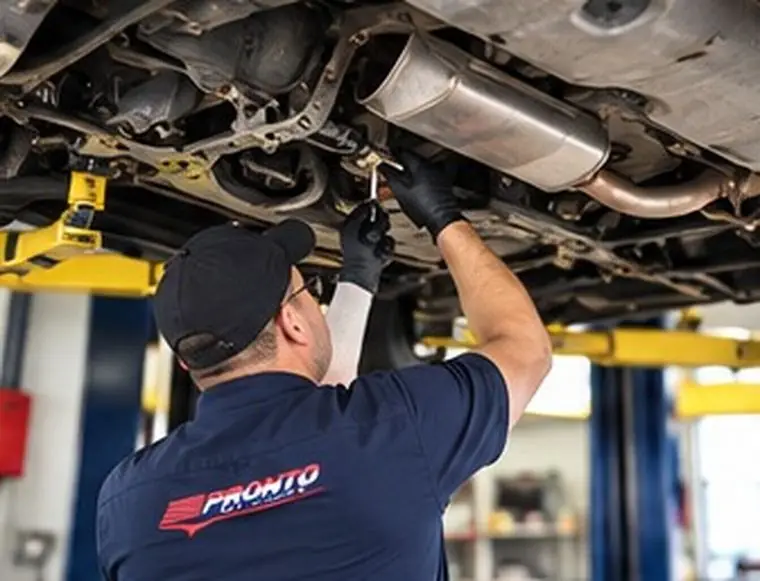 Underside vehicle inspection on a hoist at the Pronto Automotive shop.